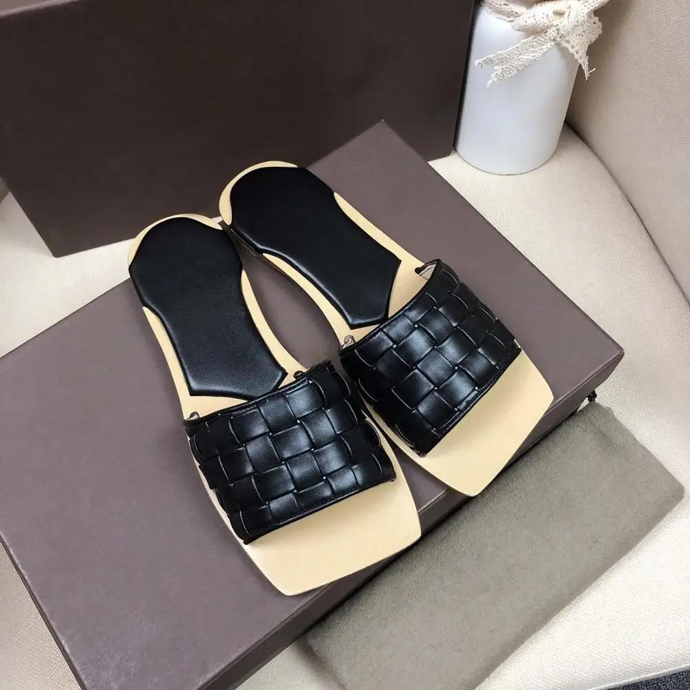 

Weaving Leather Shoes Women Genuine Leather Slippers Square Toe Slippers Casual Flat Sandals Summer Zapatos De Mujer Flip Flops