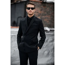 Custom Made Black Men Suits Double Breasted Groom Suits Blazer Slim Fit 2 Piece Prom Tuxedo Masculino (Jacket+Pants)