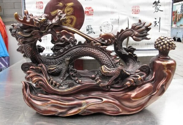 Power and prosperity with the Song Voge Gem S1420 Chinese Royal Palace Red Bronze Copper Lucky Dragon Ginseng Panax RuYi Statue