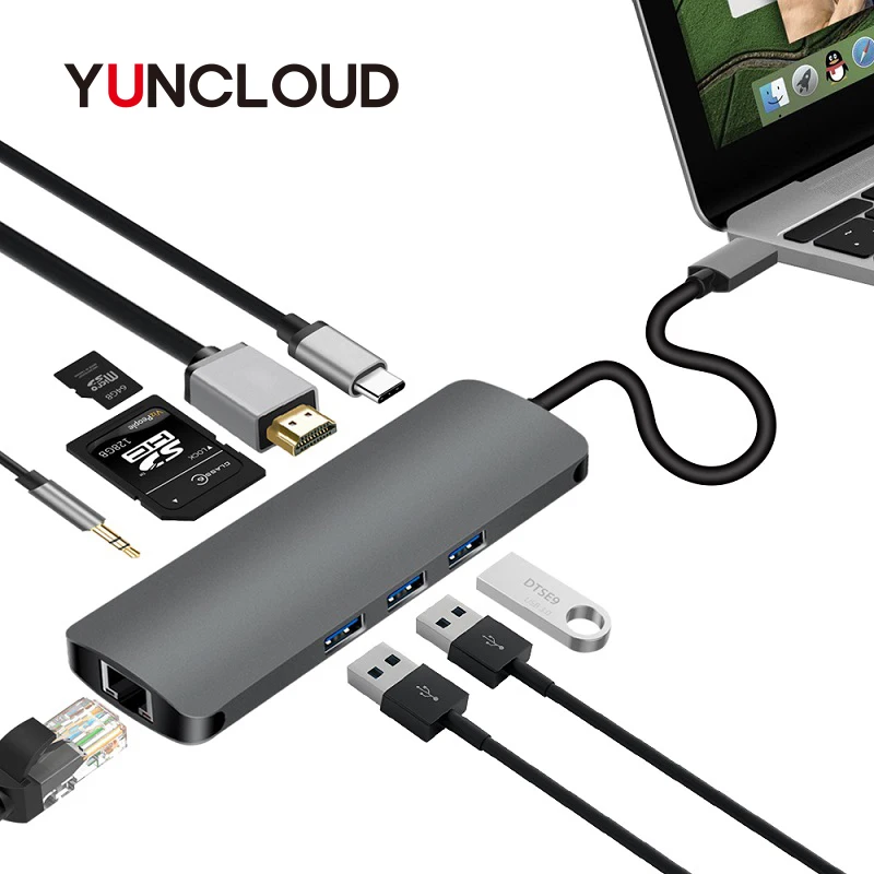 USB C Hub 9 in1 Multi-Port Adapter Type C Hub with Type-C Charging Port 4K HDMI Output Gigabit Ethernet Port 3.5mm Audio USB C Hub 9 in1 Multi-Port Adapter Type C Hub with Type-C Charging Port 4K HDMI Output Gigabit Ethernet Port 3.5mm Audio