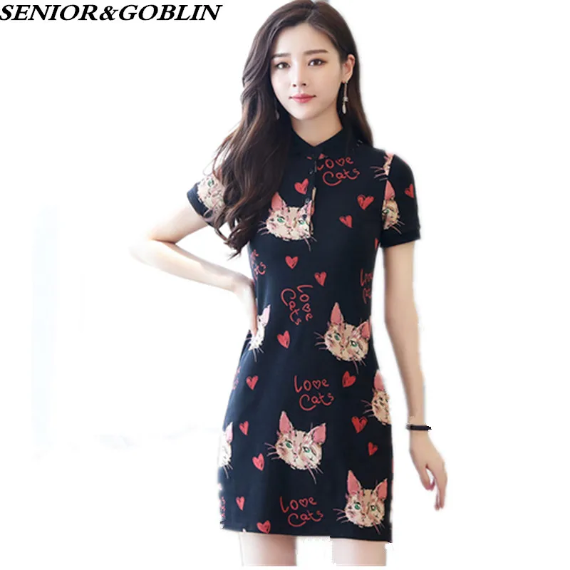

New 2019 Plus Size Women Black Dress Summer Shirt Short Sleeves Cats Printed Mini Dress Girls Bodycon Casual Cotton Dress Style