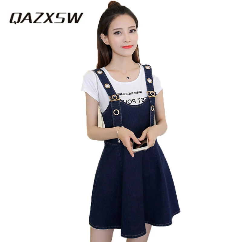 Qazxsw Spring Summer Denim Dresses Women Casual Jeans Sundresses Korean Fashion With Pocket