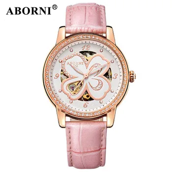 

ABORNI 2019 Lady Diamand Mechanical Watch Leather Skeleton Rose Gold Women Watches Waterproof Rhinestone Bracelet Clock montre