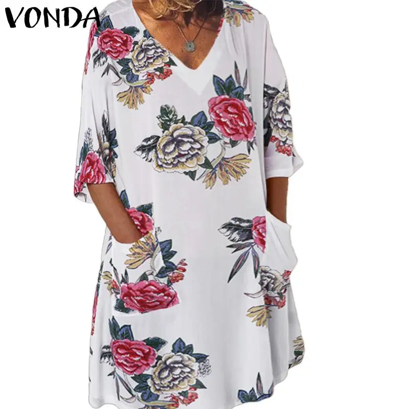 

VONDA Summer Beach Dresses 2019 Sexy V-Neck Half Sleeve Floral Print Mini Dress Bohemian Party Vestido Plus Size Robe Femme 5XL