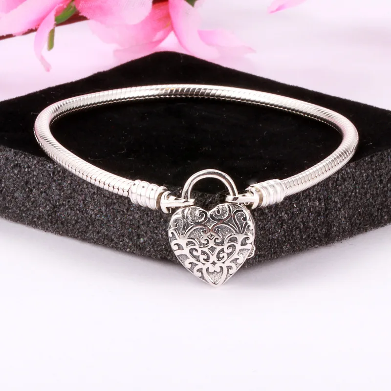 

925 Sterling Silver Pan Bracelet Moments Regal Heart Padlock Clasp Smooth Snake Bracelet Bangle Fit Bead Charm Diy Jewelry
