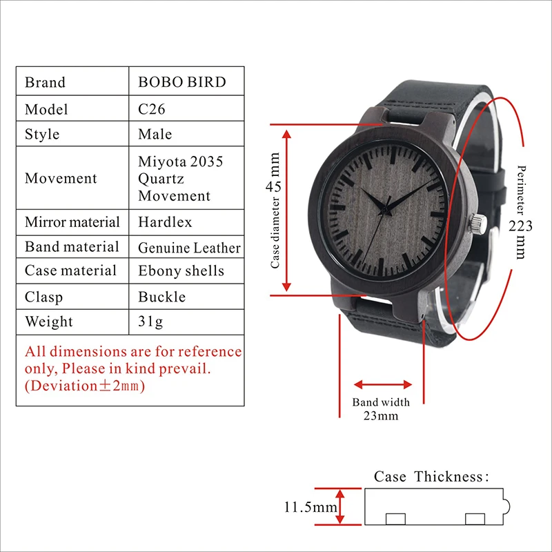 Бобо птица эбеновые часы для мужчин деревянные кварцевые часы кожаный ремешок наручные часы для мужчин отличный подарок relogio masculino Прямая поставка