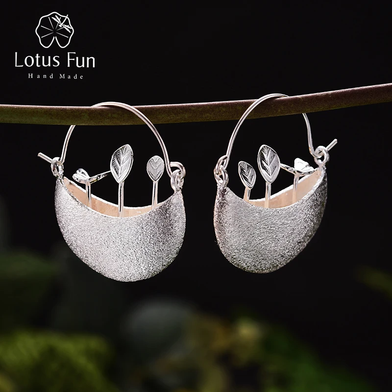 Lotus весело Настоящее стерлингового серебра 925 природных творческий ручной Fine Jewelry мой маленький Сад висячие серьги для женщин brincos