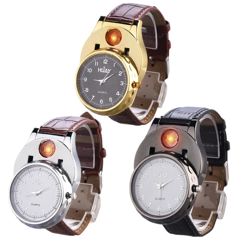 

3Pcs/lot Creative Design Men Quartz Watch Lighter USB Charging Windproof Flameless Cigarette Lighters Electronic No Gas Gift 45