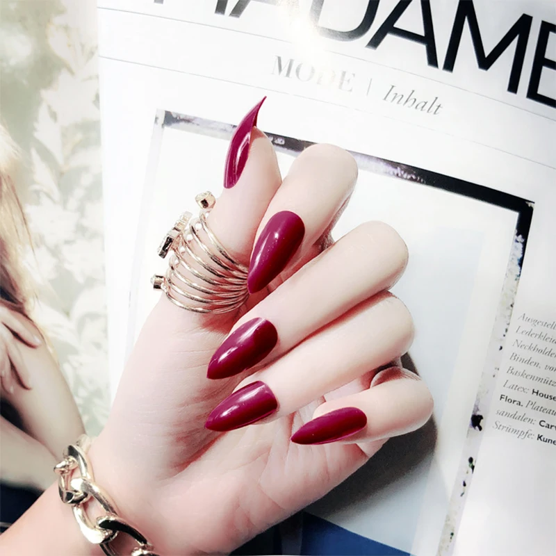 24pcs/Set Long Stiletto False Nails Red Blue Pink Pre-Designed Handmade Full Press On Artificial Nail Tool with Glue | Красота и