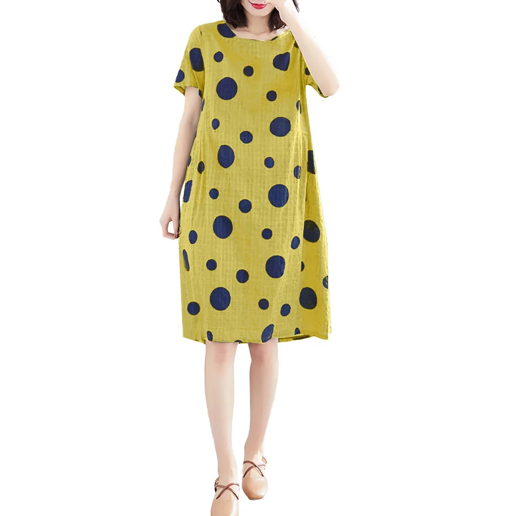 Хлопковое льняное платье для женщин, летнее платье в горошек с О-образным вырезом, большие размеры, платья средней длины с коротким рукавом, свободная летняя одежда для женщин# G6 - Цвет: Цвет: желтый