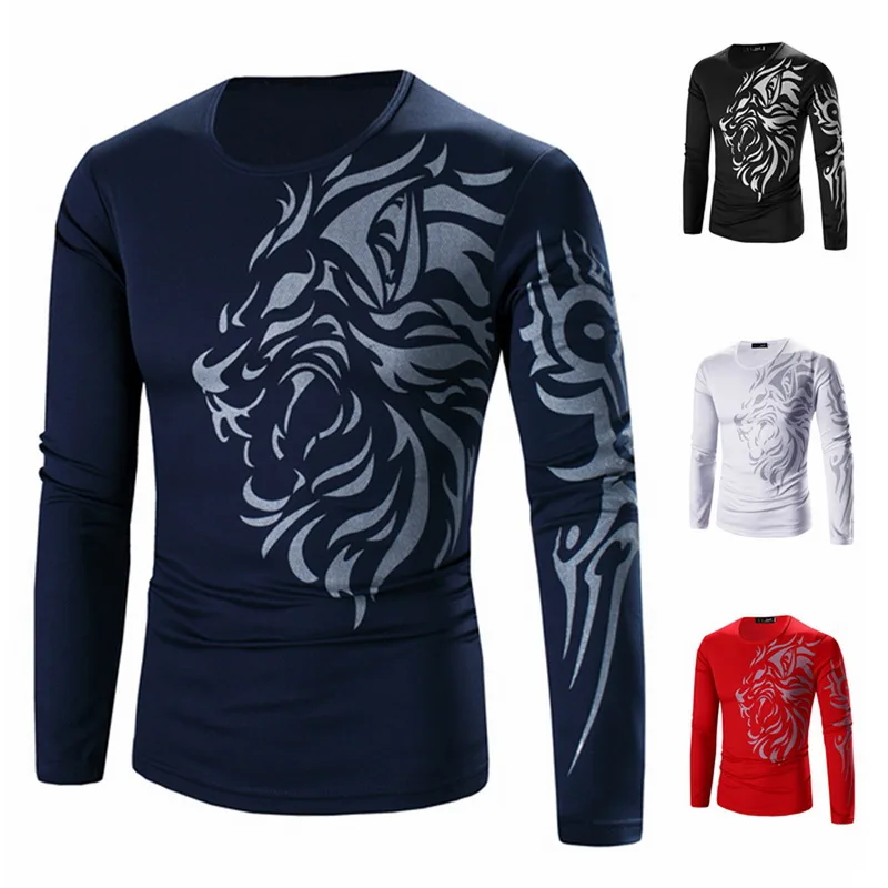 

Laamei Men Autumn winter Casual Long Sleeve slim T Shirt O Neck Tattoo faucet printing Quick Dry Streetwear Male Tshirt