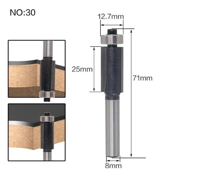 Высокое качество 1 шт. 8 мм хвостовик круглый над деревом фрезы деревообрабатывающий инструмент Концевая мельница с подшипником Фрезерный резак угловой круглый над бит - Длина режущей кромки: NO 30