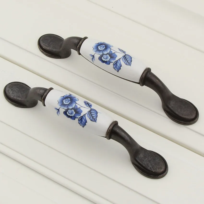 96mm black antique brass dresser handle knob white and blue porcelain drawer cabinet knob pull 3.75\ 96mm black antique brass dresser handle knob white and blue porcelain drawer cabinet knob pull 3.75\