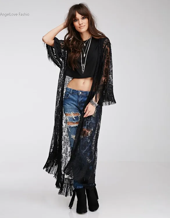 plus size blouses LisVintion Women Summer Tops Sexy Lace Blouse Black Long Sleeve Kimono Cardigan Shirts Hollow Out Tassel Fringed Beach Outwear satin shirts for women