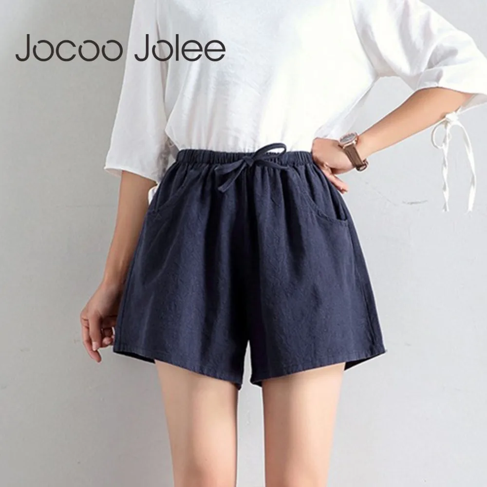 Jocoo Jolee/летние хлопковые и льняные шорты с высокой талией, повседневные свободные шорты, широкие Короткие мини-штаны, однотонные винтажные