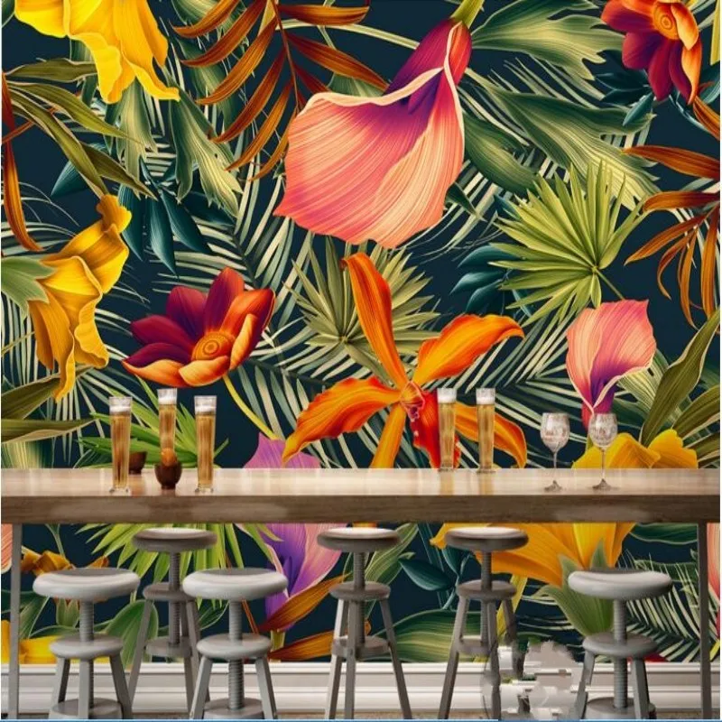 Beibehang 3d wallpaper hand-painted tropical rain forest plant flowers cartoon decoration TV background wallpaper for walls 3 d 50 sheets pack washi paper sticker set hand account magazine series hand painted cartoon material decorative stickers