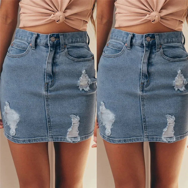 New Fashion 2018 Summer style skirts womens casual Denim Jeans Solid Hole Button Short Skirt Femme mini skirt Saia Y10#N (4)
