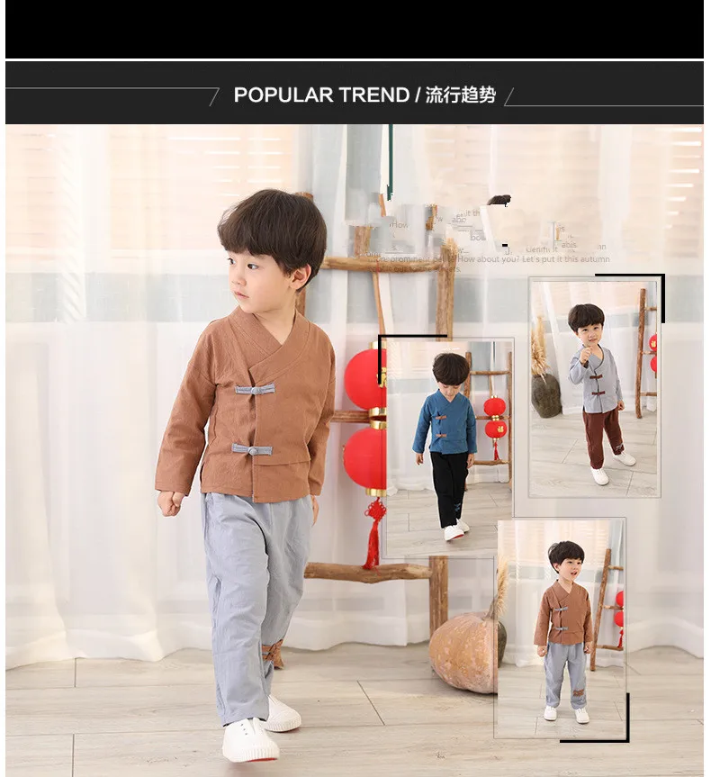 Комплекты для мальчиков в традиционном китайском национальном стиле футболка с длинными рукавами+ брюки Модная одежда из 2 предметов для выступлений династии Тан ханьфу