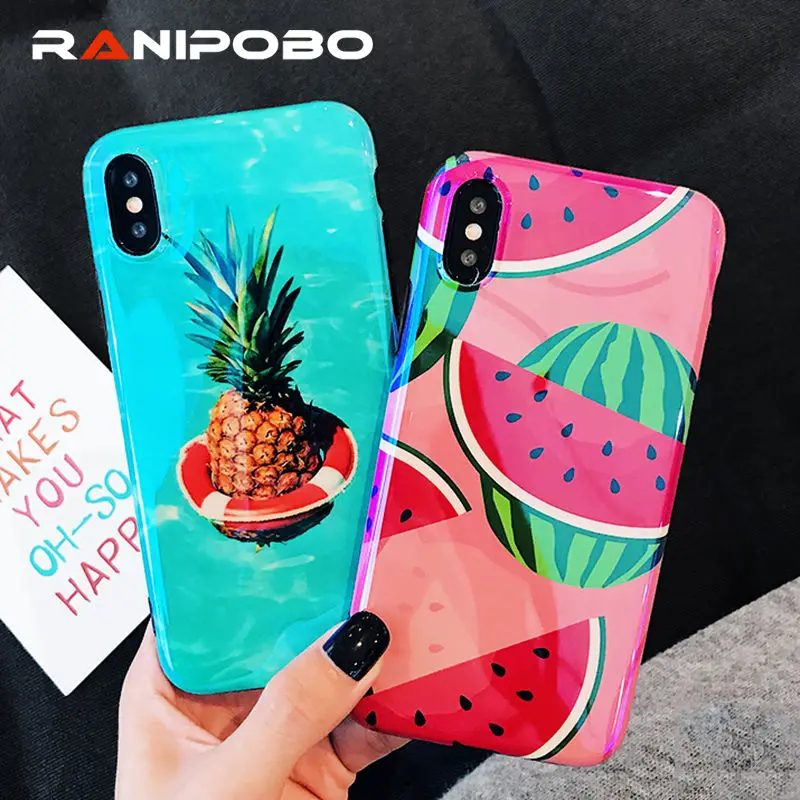

Blu-Ray Summer Fruit Pineapple Watermelon Phone Case For iPhone X 6 6S 7 8 Plus Cute glossy Strawberry Soft IMD Back Cover