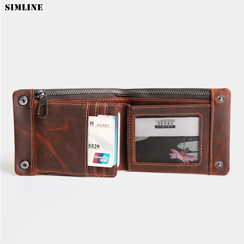 Men Retro Crazy Horse Genuine Cow Leather Bifold Wallet Purse Card Holder Pack