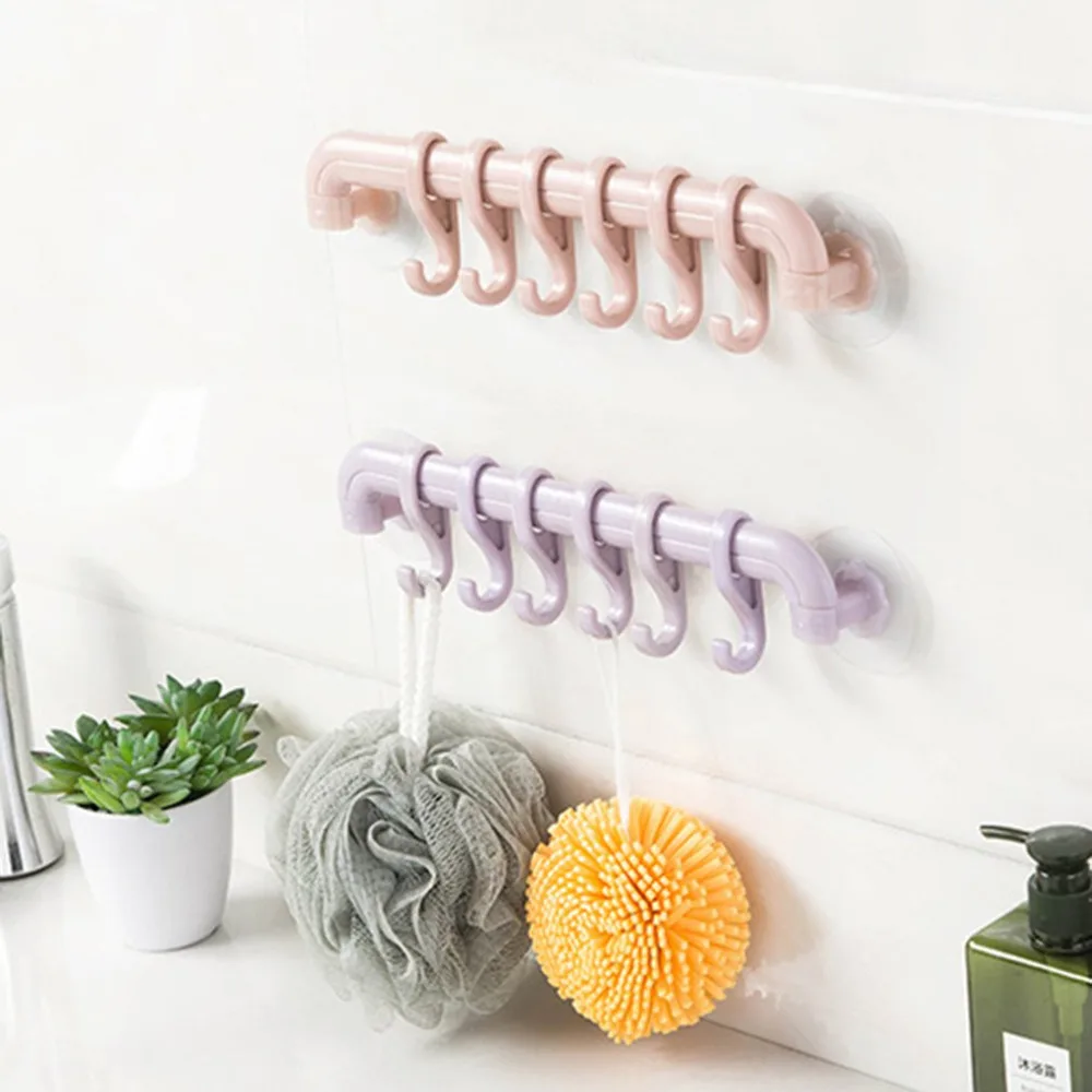 

Punch-free kitchen bathroom double suction cup rack towel rack single pole with 6 hooks towel rack