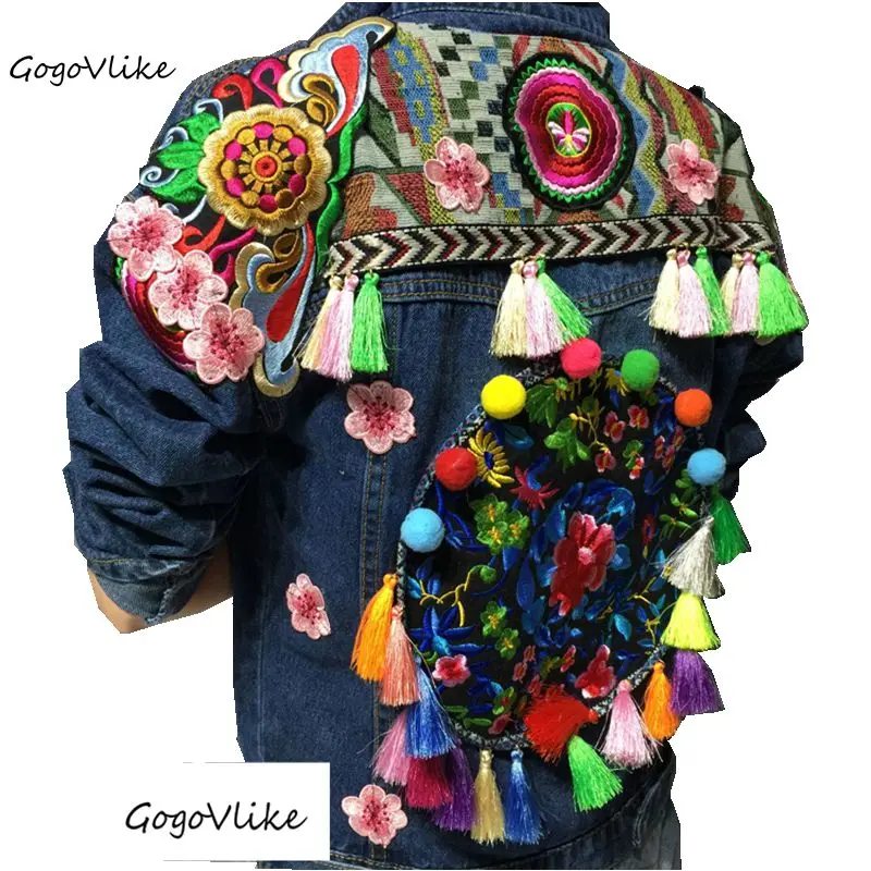 Image Natioanl trend jean jacket Spring and autumn tassel floral embroidery handmade bf type hyper bohemia denim outerwear