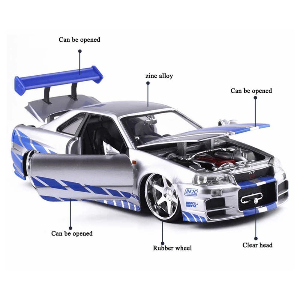 1:24 Scale Fast& Furious Alloy 2002 Nissan Skyline GTR R34 Toy Cars Diecast Model Kids Toys Collection Gifts For Kids