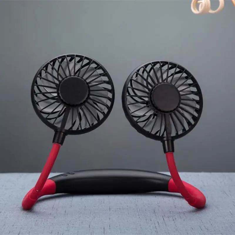 

Mini Hand Free small fan battery mini portable fan with colorful lights two fans Hanging around the neck for sport