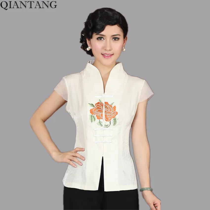 Новое поступление бежевый китайский Для женщин атласная v-образным вырезом рубашка с вышивкой топ Рубашка с короткими рукавами цветок