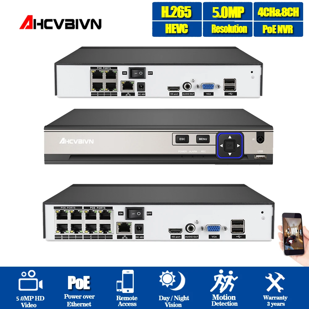 AHCVBIVN PoE NVR рекордер система 8CH 4CH поддержка 4MP 5MP 4K 8MP H.265 сжатие ip-камера XMEYE смартфон