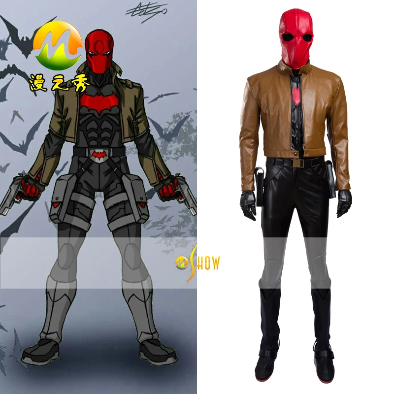 

Top Quality Batman Jason Todd Cosplay Costume Batman Red Hood Cosplay Leather Jacket Outfit With Mask For Halloween Party