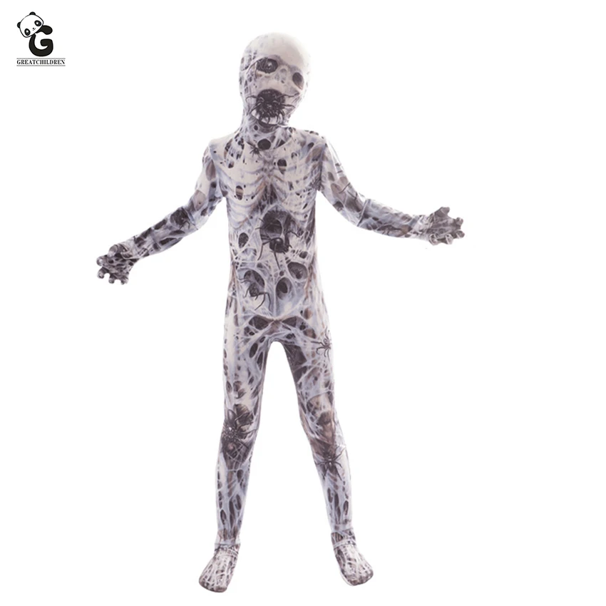 

Horror Dry Corpse Ghost Spider Halloween Costume for kids Scary Skeleton Costume Fancy Dress Creepy Demon Purim Skull Suit