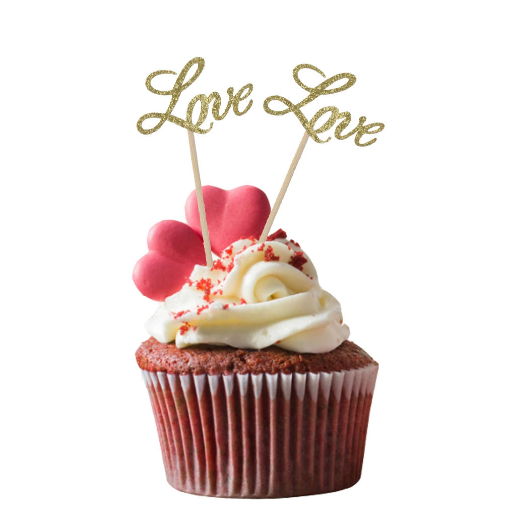 20/set Glitter Paper Golden LOVE Cake Toppers Cupcake Dessert Picks Wedding Engagement Decor