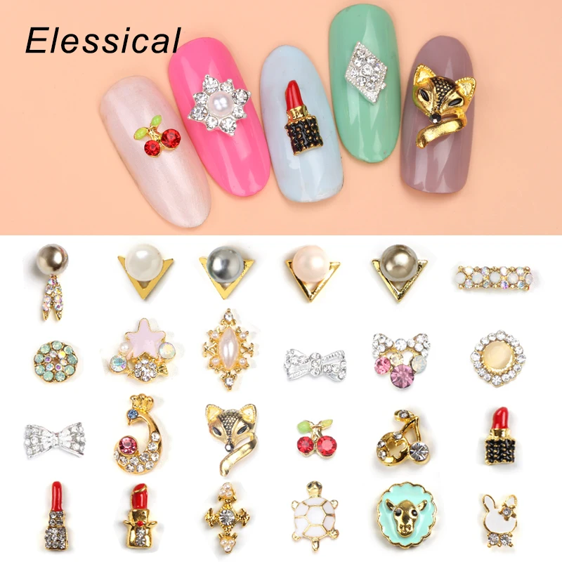 10Pcs/Lot Cute Cherry Nail Charm Opal Rhinestone Pearl Nail Jewelry