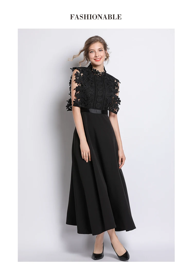Черное водорастворимое цветочное кружевное лоскутное большое свободное Макси платье женское винтажное тонкое длинное платье без рукавов с высокой талией для подиума
