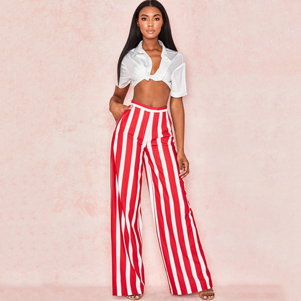 Moda 2019 pantalones de pierna ancha para mujeres de cintura alta cremallera de bolsillo Maxi pantalones verano elegante blanco rojo rayado pantalones largos ropa|Pantalones y pantalones capri| - AliExpress
