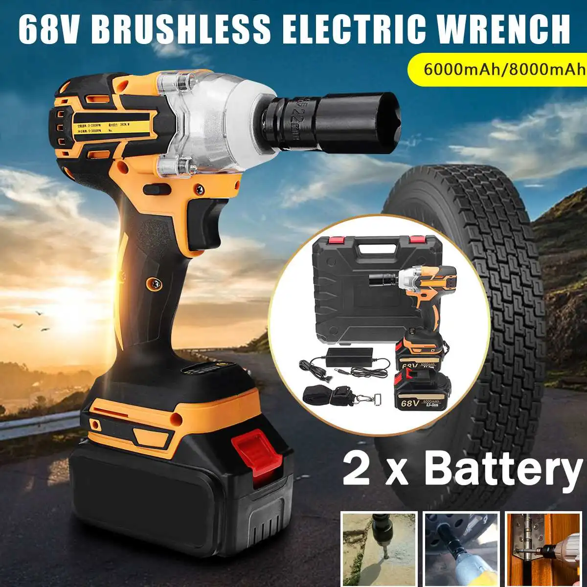 

Doersupp 68V 6000mAh/8000mAh Electric Impact Wrench Cordless Brushless with 2 Rechargeable Battery Household Car Socket