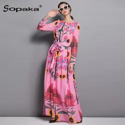 Высокое качество 2018 осень рукав длинное платье Для женщин розовый с цветочным принтом пояса империи линии Повседневное взлетно-посадочной