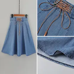 Женские джинсовые юбки со шнуровкой и завышенной талией в стиле ампир, лето 2018, новая синяя свободная женская элегантная юбка наивысшего