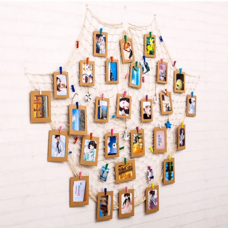 DIY colgante foto marco pantalla con Clip y red de pesca pared Decoración Accesorios pared decoración foto Marco Conjunto