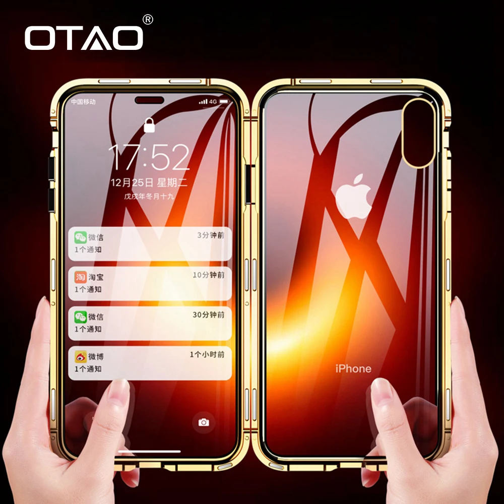 OTAO металлический магнитный чехол для iPhone XR XS MAX X 8 Plus 7 закаленное стекло задняя Магнитная Крышка для iPhone 6 6 S Plus 9 Fundas