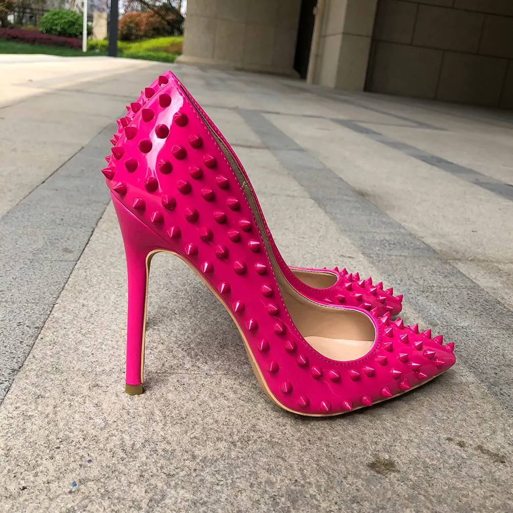 Veowalk/розовые женские пикантные панк-шипы на высоком каблуке в итальянском стиле; женские остроносые туфли-лодочки на шпильке с заклепками; обувь для вечеринок без шнуровки