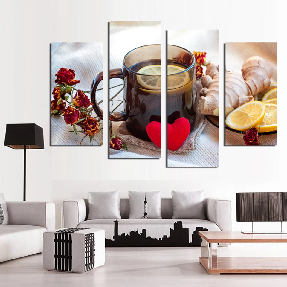 Canvas Wall Art Modular Pictures Frames Kitchen Restaurant For 4 Pieces Fruits Lemon Tea Decor Living Room HD Printed Poster TYG