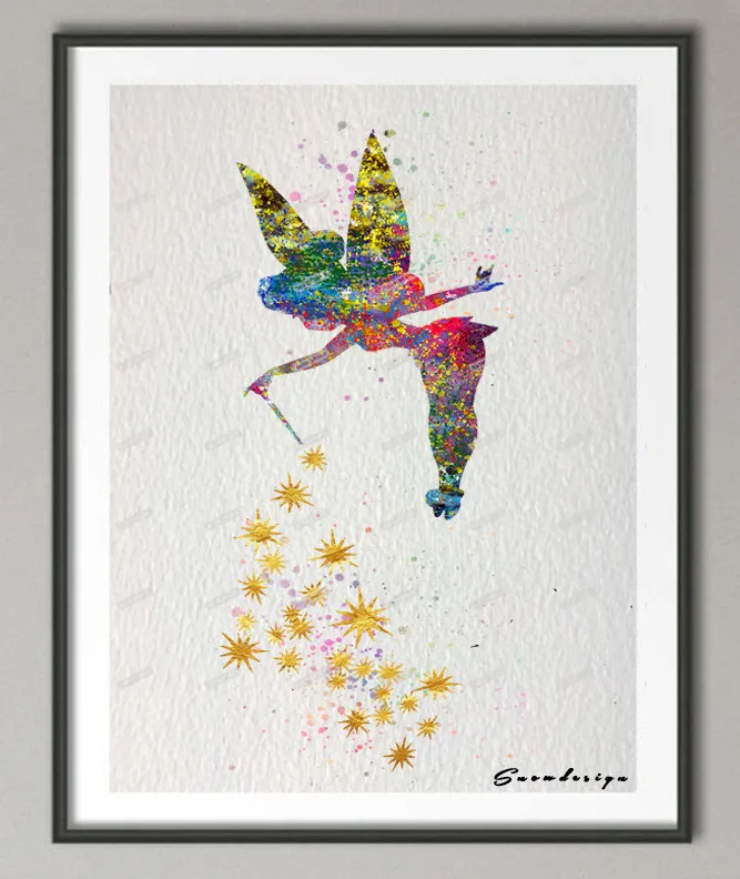 

Tinker Bell Original watercolor wall art canvas painting Modern poster print Pictures kids room Decoration Nursery wall hanging