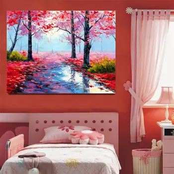 

Rainy Day Knife Painting Giclee Print Red Trees Landscape Picture for Dining Room Wall Decor Abstract Artwork Home Decorations
