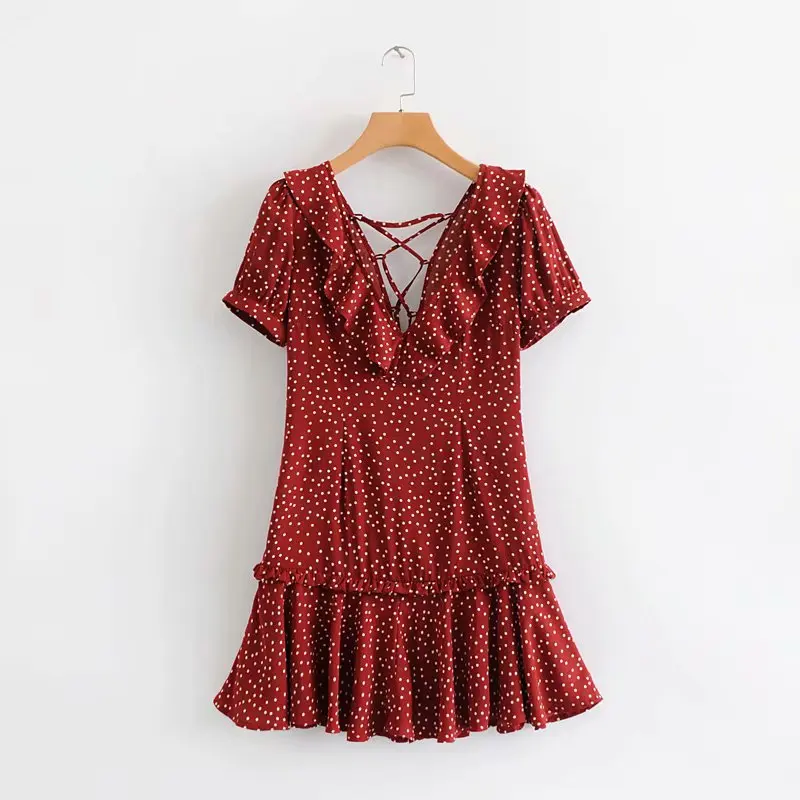 

2019 Spring Summer Dot Print Ruffles Red Mini dress Female Sexy V neck Backless Short sleeve Women dress Party vestidos#N816