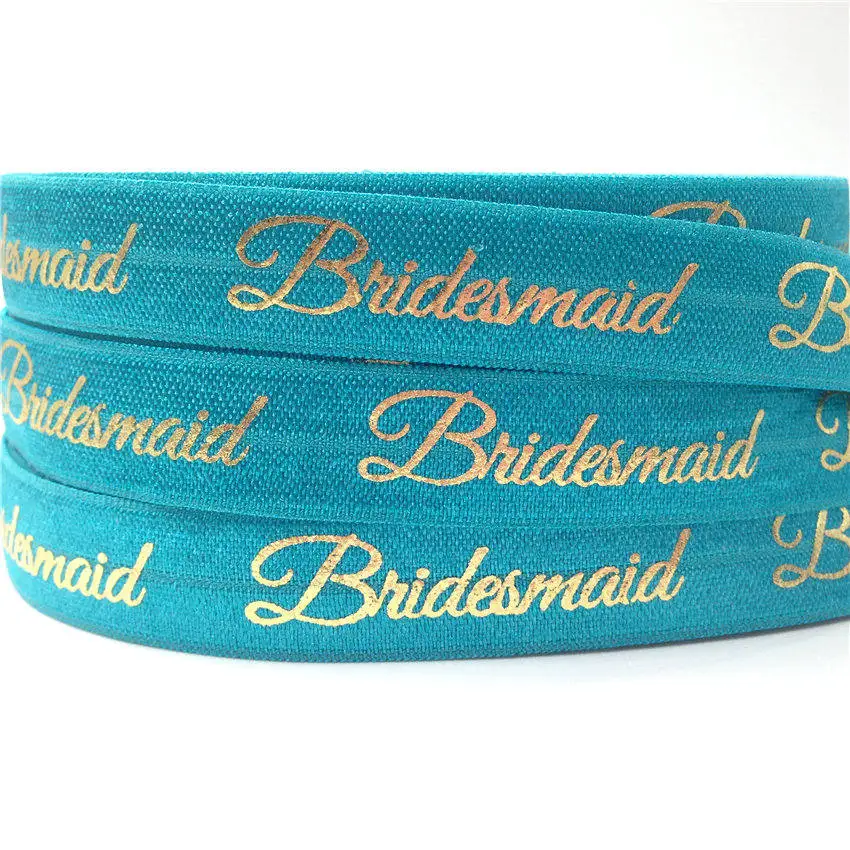 5/8"(5 yards/lot) Gold/Silver Bridesmaid Print Fold Over Elastics FOE Stretch Band Wedding Decor Party accessories - Color: GS276 Cyan-Gold