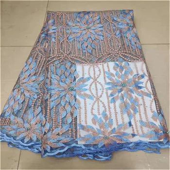 

Sky blue pink Net Lace Fabric 2019 High Quality African Mesh Wedding Bride Dress Sewing beads stones Embroidered Material