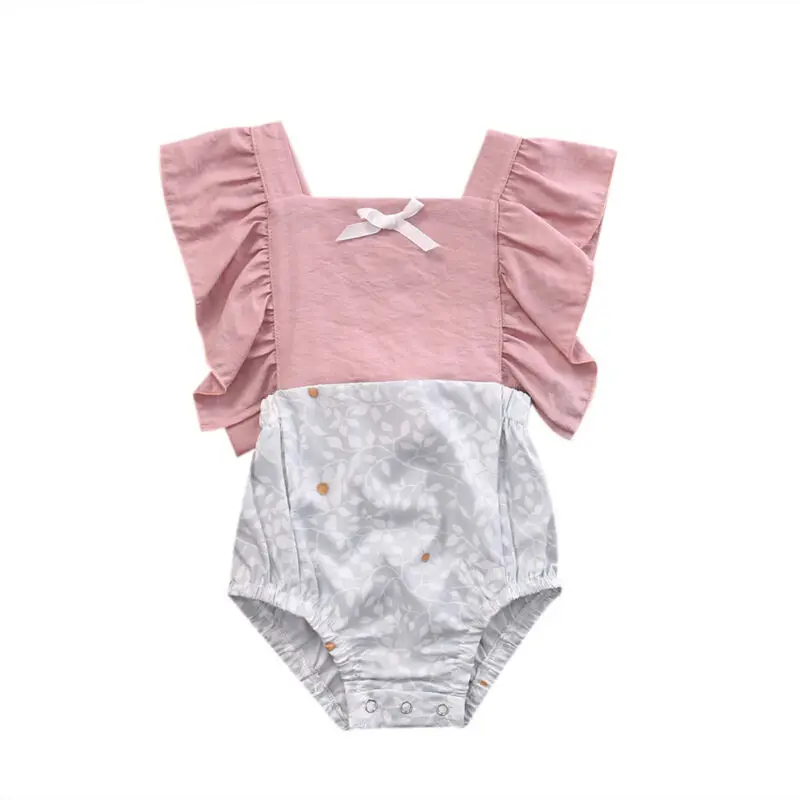 

Infant Baby Girl Floral Clothes pink flying sleeve Romper Tops Ruffled Bodysuit Sleeveless leaves print Jumpsuit clothes