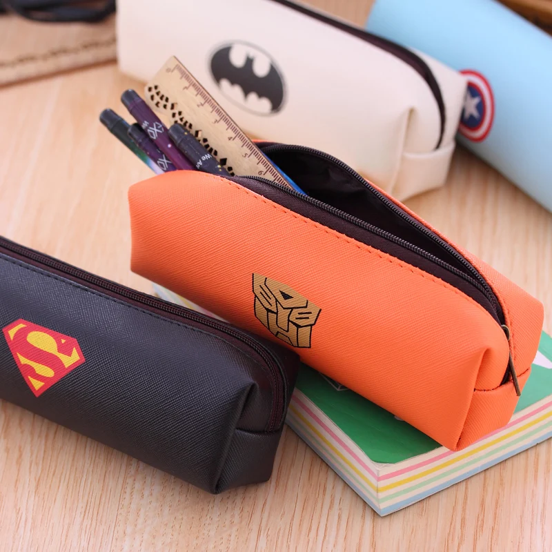 

New Fashion Leather Pencil Case Large Capacity Pencilcase Cute Superheroes Male And Female School Bags Office School Supplies